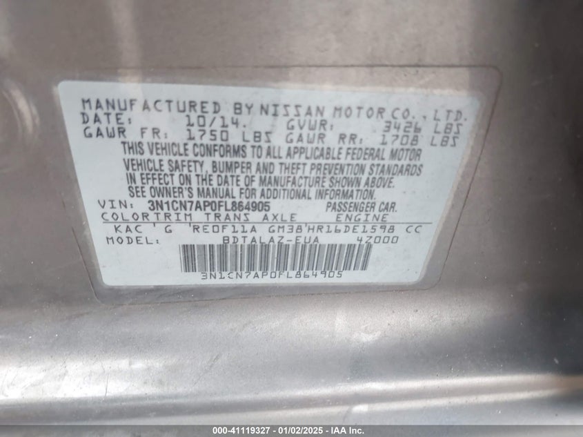 2015 NISSAN VERSA 1.6 S+ - 3N1CN7AP0FL864905