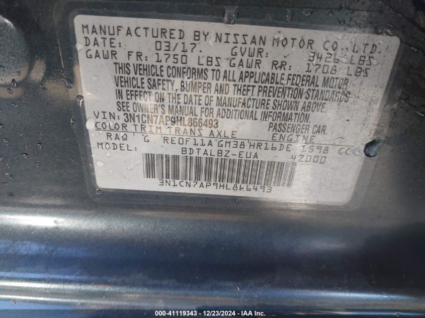 VIN 3N1CN7AP9HL866493 2017 Nissan Versa, 1.6 SV no.9