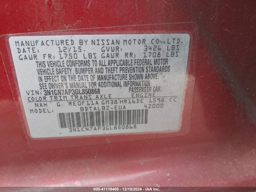 VIN 3N1CN7AP3GL850868 2016 Nissan Versa, 1.6 S/1.6... no.9