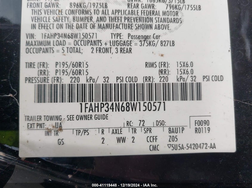 2008 FORD FOCUS VIN: 1FAHP34N68W150571