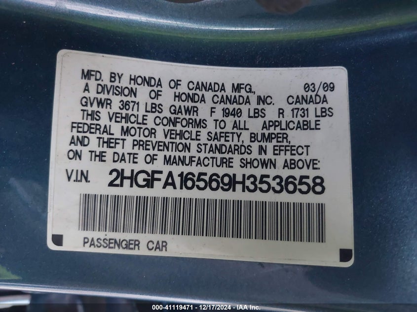 2009 HONDA CIVIC VIN: 2HGFA16569H353658