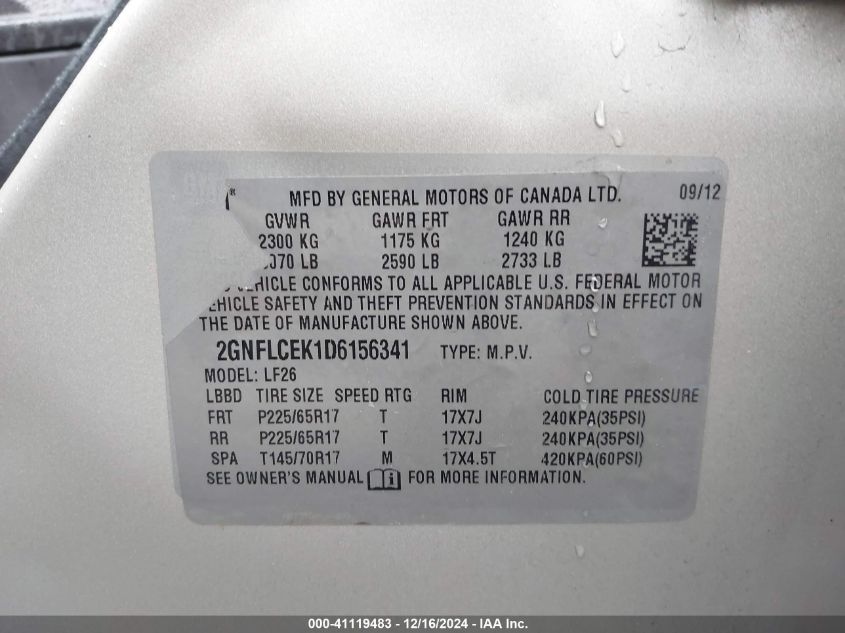 VIN 2GNFLCEK1D6156341 2013 Chevrolet Equinox, LS no.9