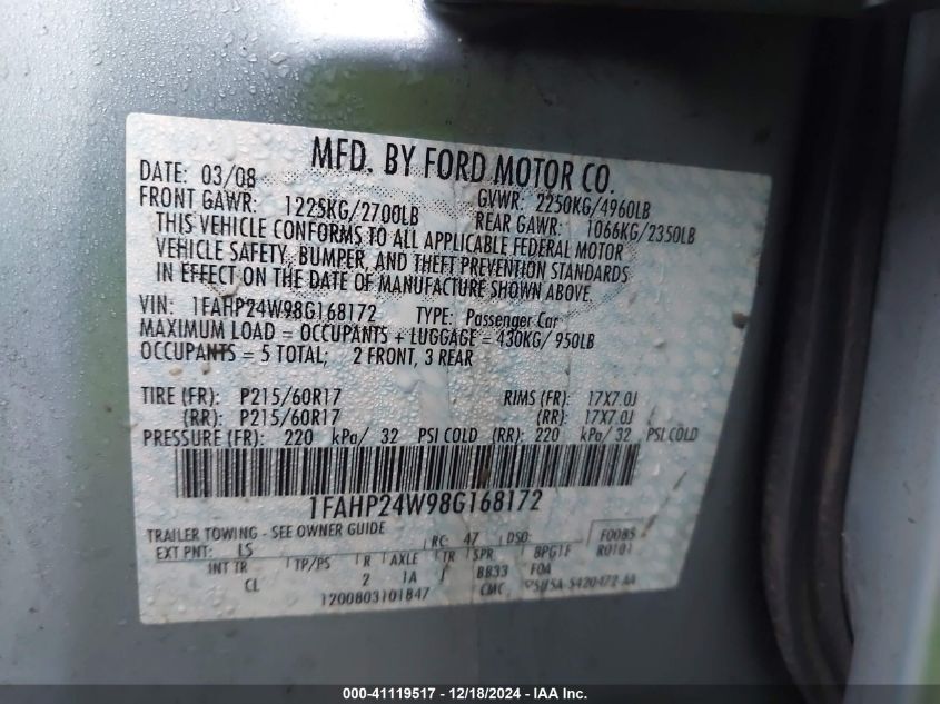 2008 Ford Taurus Sel VIN: 1FAHP24W98G168172 Lot: 41119517