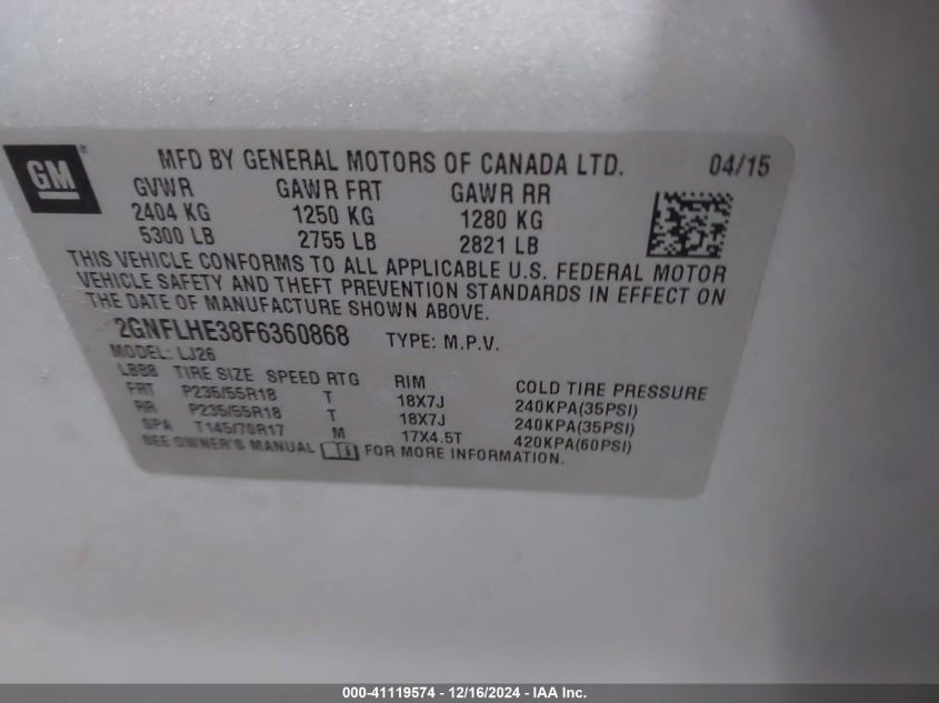 VIN 2GNFLHE38F6360868 2015 Chevrolet Equinox, Ltz no.9