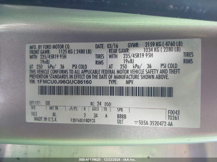 VIN 1FMCU0J96GUC86160 2016 Ford Escape, Titanium no.9