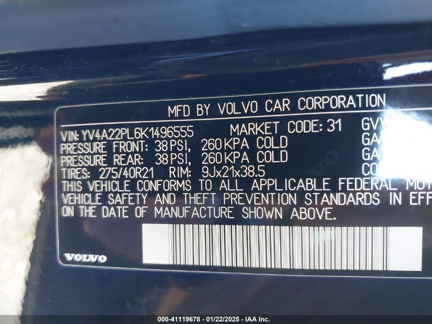 2019 Volvo Xc90 T6 Inscription VIN: YV4A22PL6K1486555 Lot: 41119678