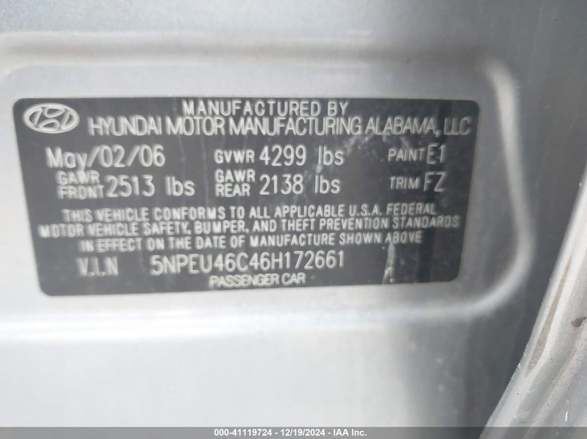 2006 HYUNDAI SONATA VIN: 5NPEU46C46H172661