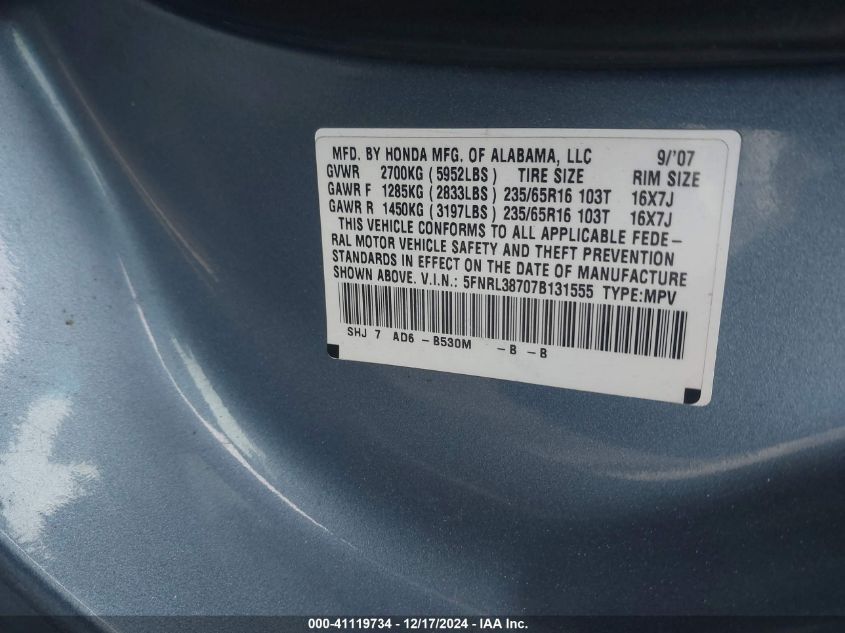 2007 Honda Odyssey Ex-L VIN: 5FNRL38707B131555 Lot: 41119734