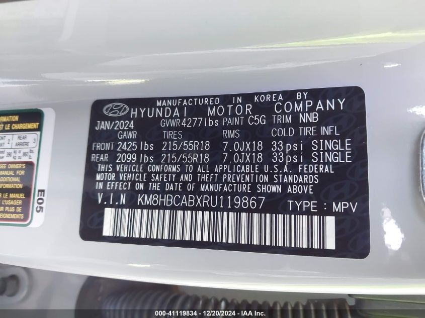 2024 Hyundai Kona Sel VIN: KM8HBCABXRU119867 Lot: 41119834