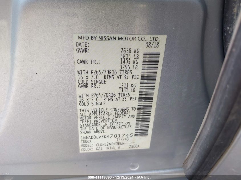 VIN 1N6AD0EV3KN701745 2019 Nissan Frontier, SV no.9