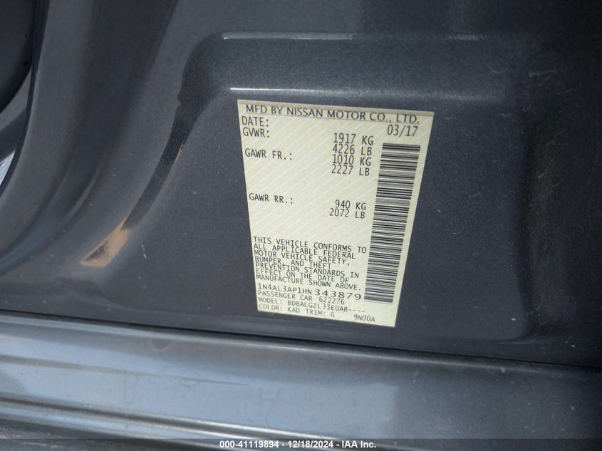 2017 NISSAN ALTIMA VIN: 1N4AL3AP1HN343879