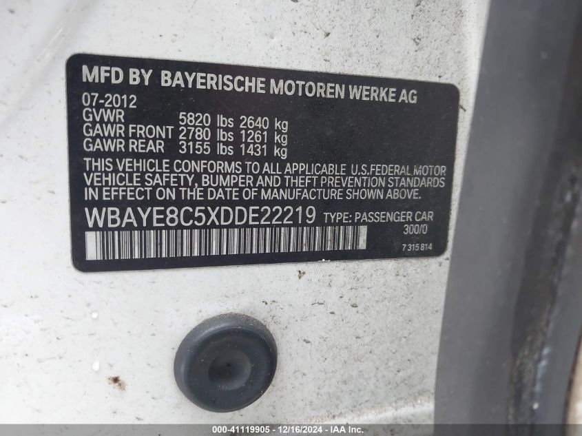 VIN WBAYE8C5XDDE22219 2013 BMW 7 Series, 750LI no.9