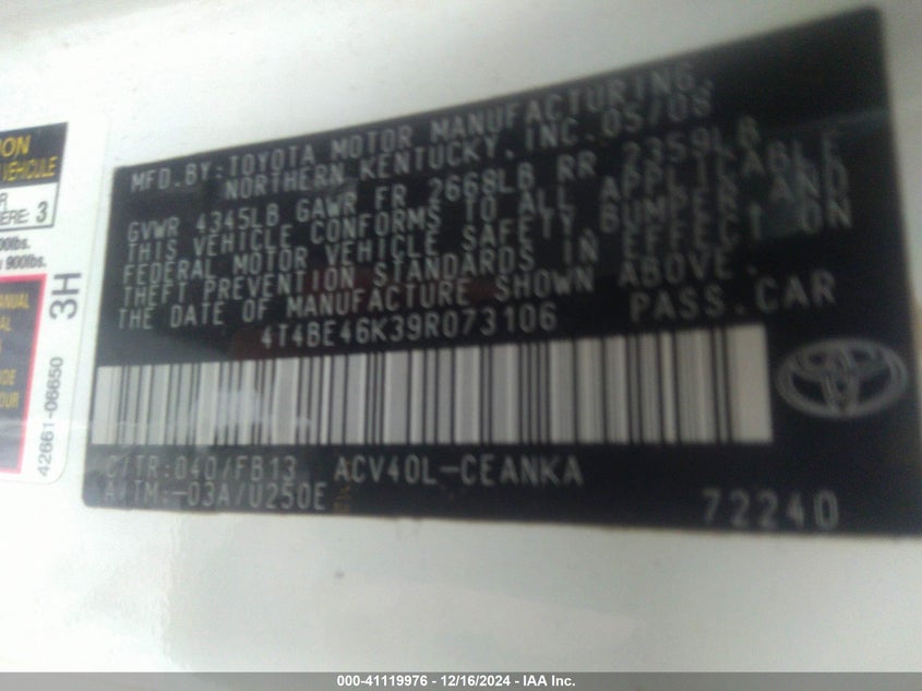 2009 TOYOTA CAMRY VIN: 4T4BE46K39R073106