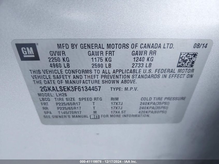 VIN 2GKALSEK3F6134457 2015 GMC Terrain, Slt-1 no.9