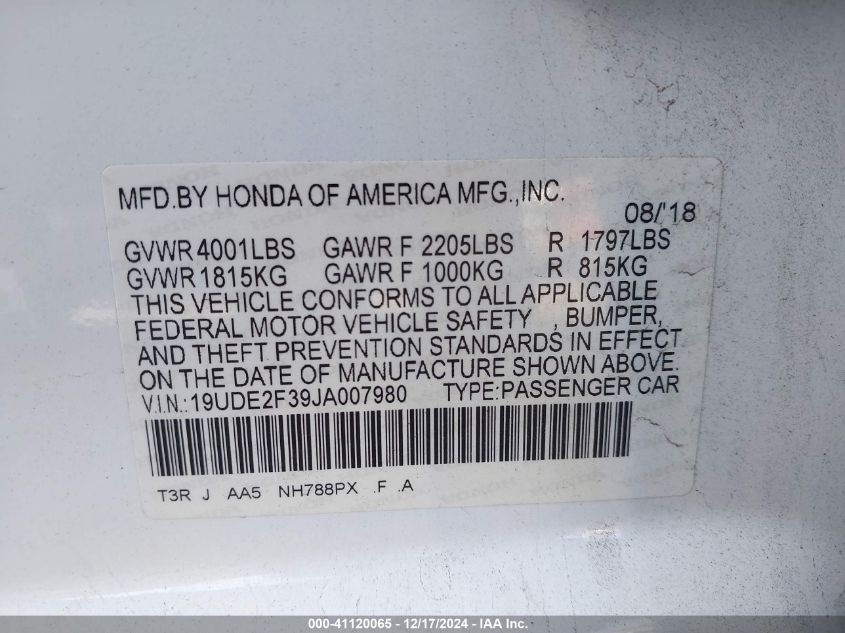 VIN 19UDE2F39JA007980 2018 ACURA ILX no.9