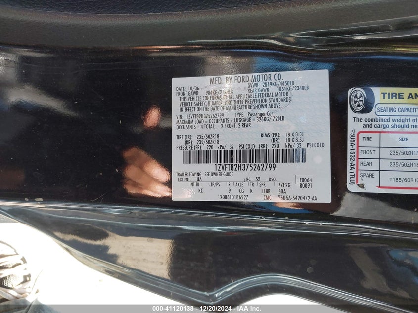 2007 FORD MUSTANG VIN: 1ZVFT82H375262799