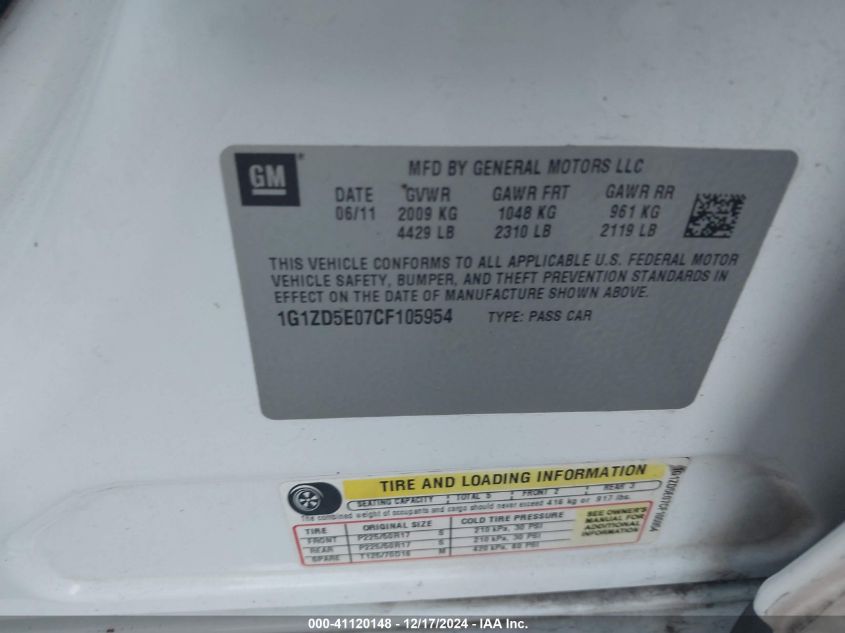 2012 Chevrolet Malibu 2Lt VIN: 1G1ZD5E07CF105954 Lot: 41120148