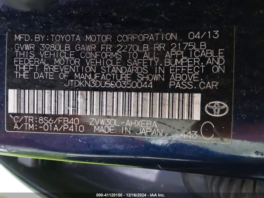 VIN JTDKN3DU5D0350044 2013 Toyota Prius, Two no.9