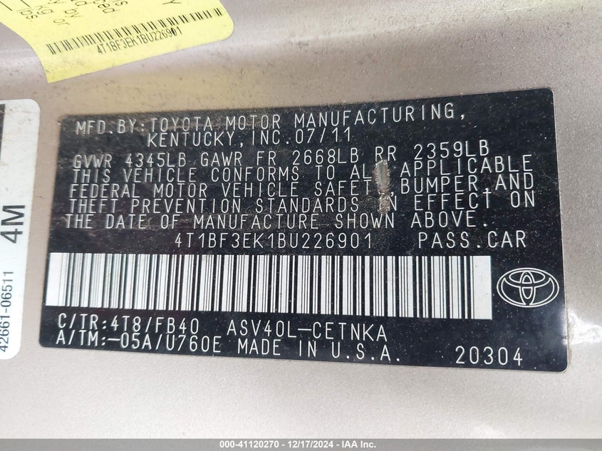 2011 TOYOTA CAMRY VIN: 4T1BF3EK1BU226901