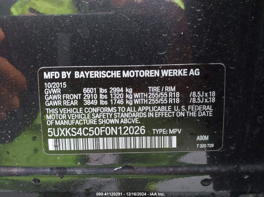 VIN 5UXKS4C50F0N12026 2015 BMW X5, Xdrive35D no.9