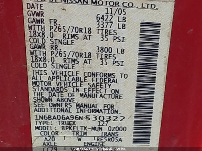 2006 NISSAN TITAN VIN: 1N6BA06A96N530322