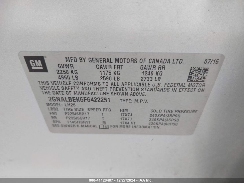 VIN 2GNALBEK6F6422251 2015 CHEVROLET EQUINOX no.9