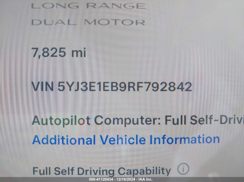 2024 Tesla Model 3 Long Range Dual Motor All-Wheel Drive VIN: 5YJ3E1EB9RF792842 Lot: 41120434