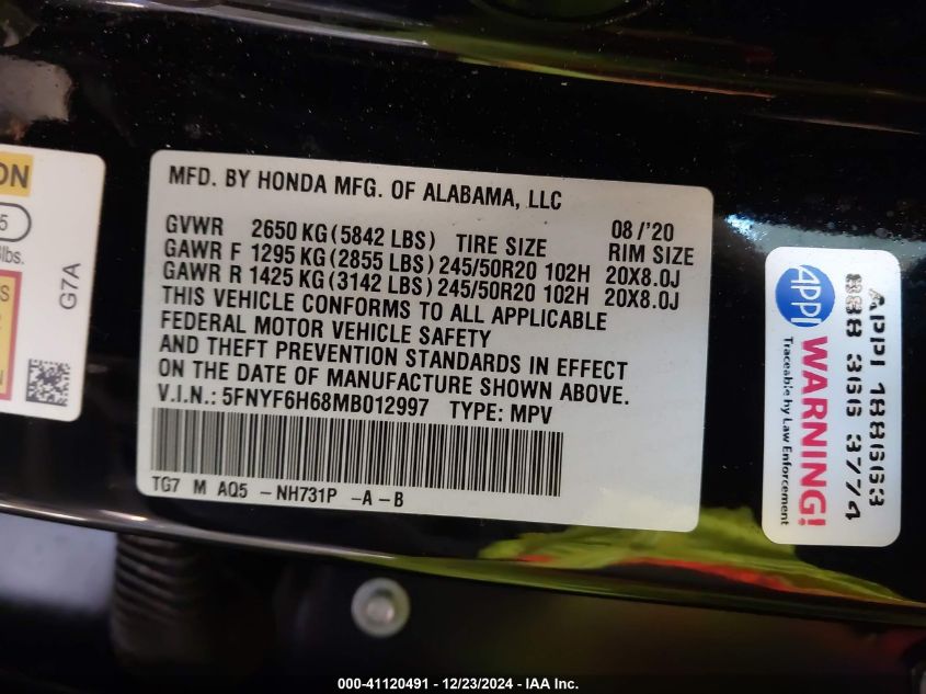 VIN 5FNYF6H68MB012997 2021 HONDA PILOT no.9