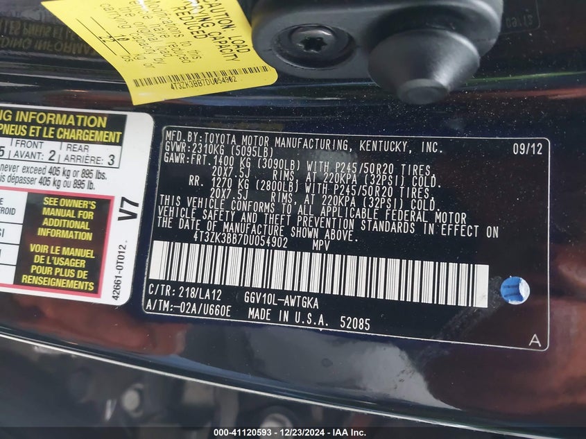 2013 TOYOTA VENZA VIN: 4T3ZK3BB7DU054902