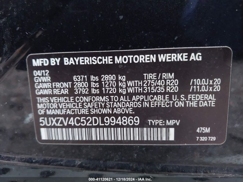 VIN 5UXZV4C52DL994869 2013 BMW X5 no.9