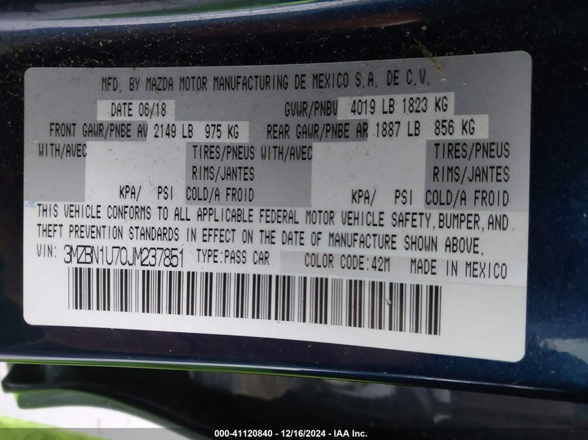 2018 MAZDA MAZDA3 VIN: 3MZBN1U70JM237851