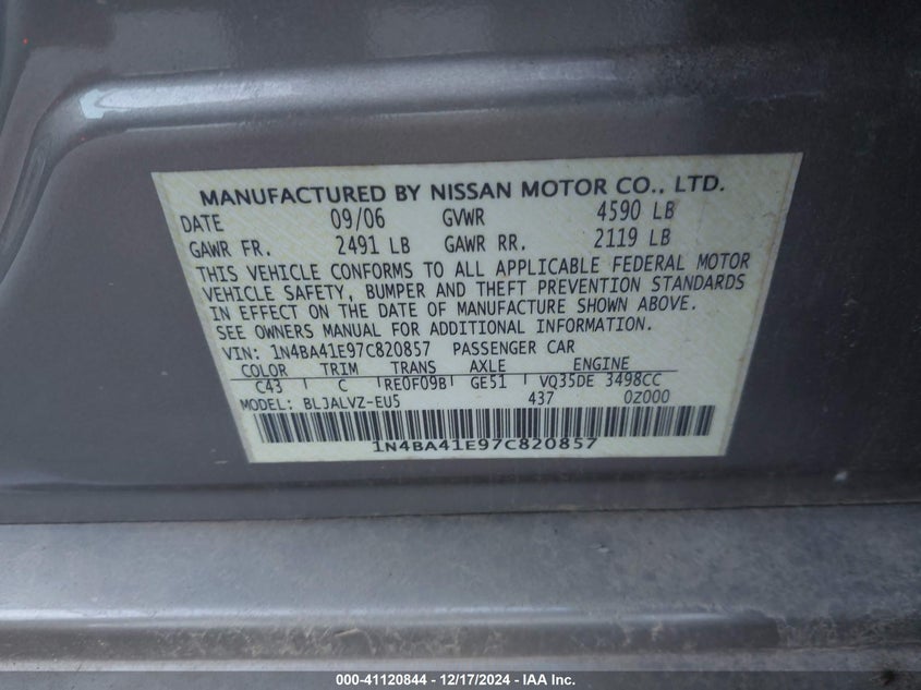 2007 Nissan Maxima 3.5 Se VIN: 1N4BA41E97C820857 Lot: 41120844