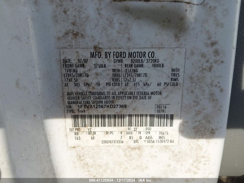 2007 Ford F150 VIN: 1FTVX12567KD27369 Lot: 41120934
