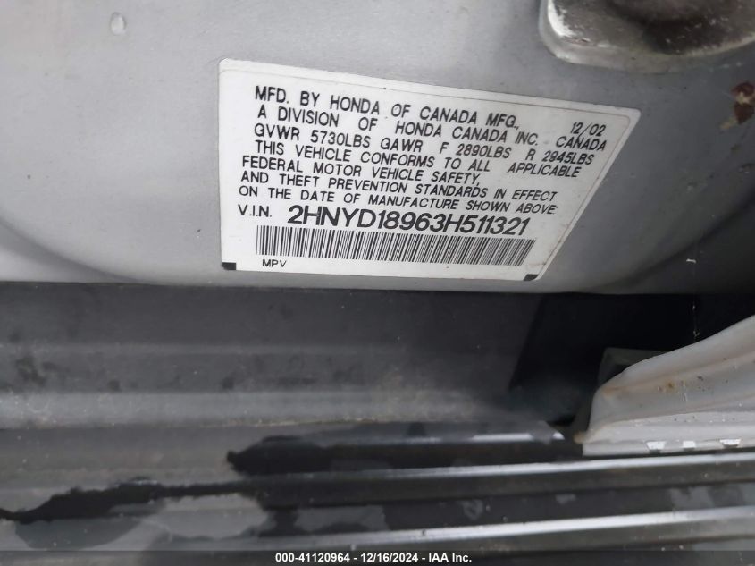 2003 Acura Mdx VIN: 2HNYD18963H511321 Lot: 41120964