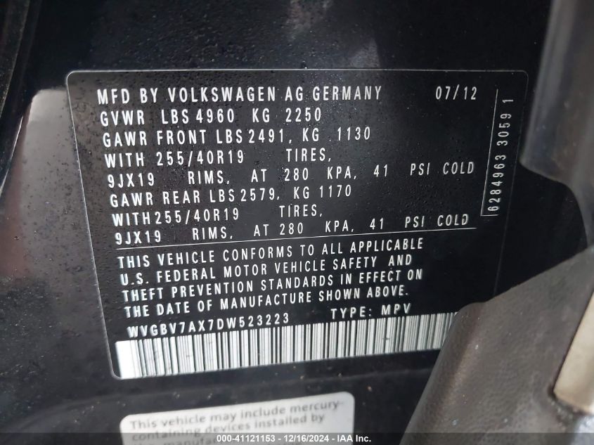 2013 Volkswagen Tiguan Sel VIN: WVGBV7AX7DW523223 Lot: 41121153