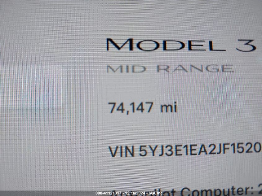 2018 TESLA MODEL 3 LONG RANGE/MID RANGE - 5YJ3E1EA2JF152077