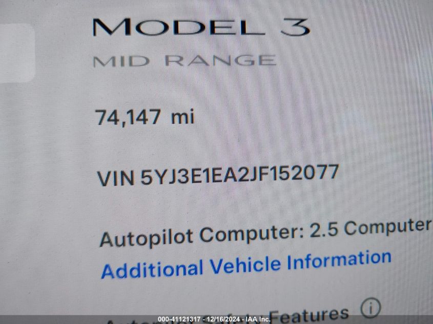 2018 Tesla Model 3 Long Range/Mid Range VIN: 5YJ3E1EA2JF152077 Lot: 41121317