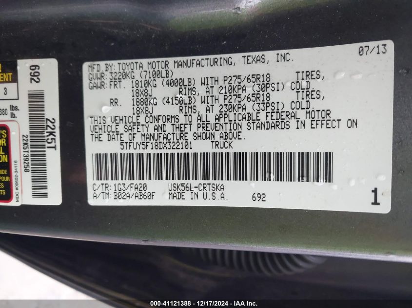 VIN 5TFUY5F18DX322101 2013 Toyota Tundra, Double Ca... no.9