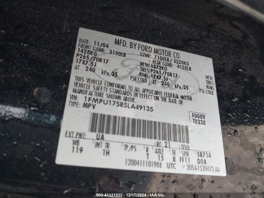 2005 Ford Expedition Eddie Bauer/King Ranch VIN: 1FMPU17585LA49135 Lot: 41121522