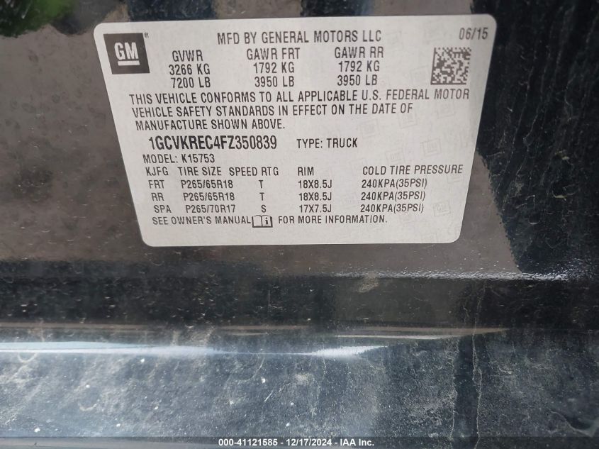 VIN 1GCVKREC4FZ350839 2015 CHEVROLET SILVERADO 1500 no.9