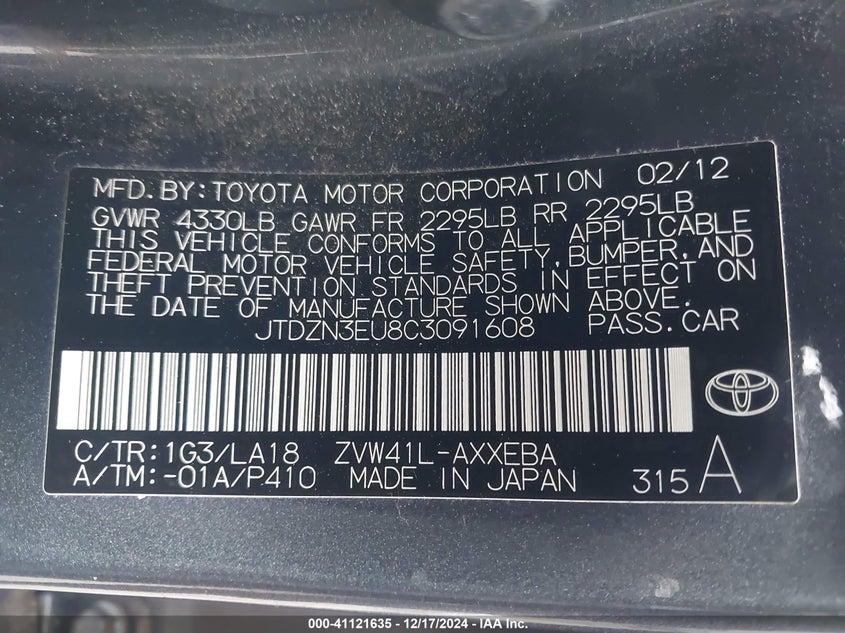 2012 TOYOTA PRIUS V VIN: JTDZN3EU8C3091608