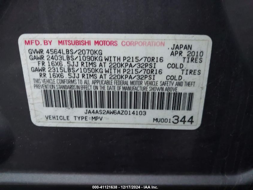 2010 Mitsubishi Outlander Es VIN: JA4AS2AW6AZ014103 Lot: 41121638