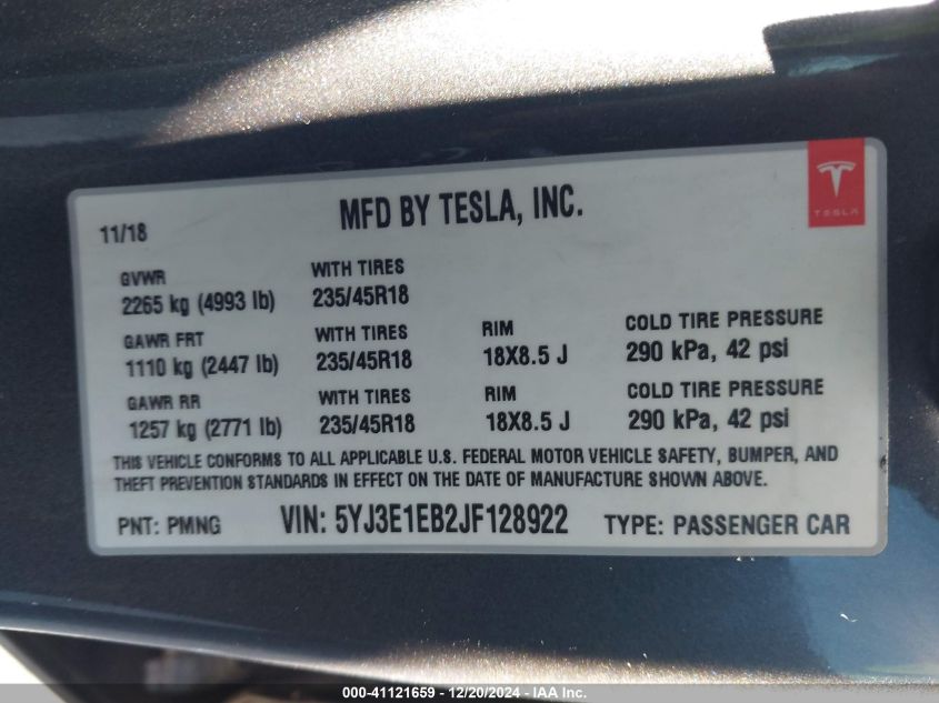 2018 TESLA MODEL 3 LONG RANGE/PERFORMANCE - 5YJ3E1EB2JF128922