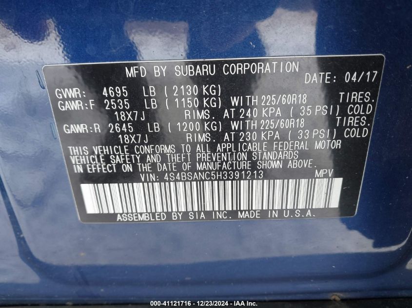 VIN 4S4BSANC5H3391213 2017 Subaru Outback, 2.5I Lim... no.9