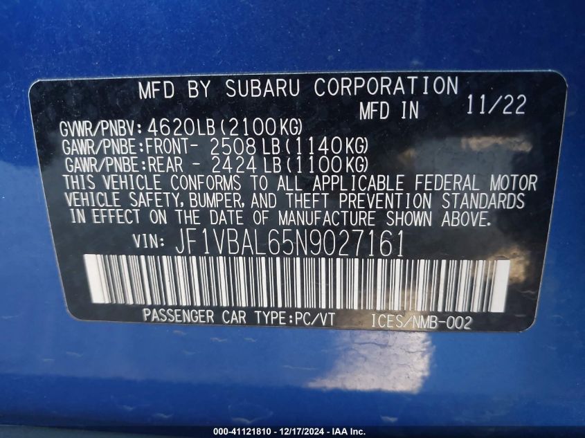 2022 Subaru Wrx Limited VIN: JF1VBAL65N9027161 Lot: 41121810