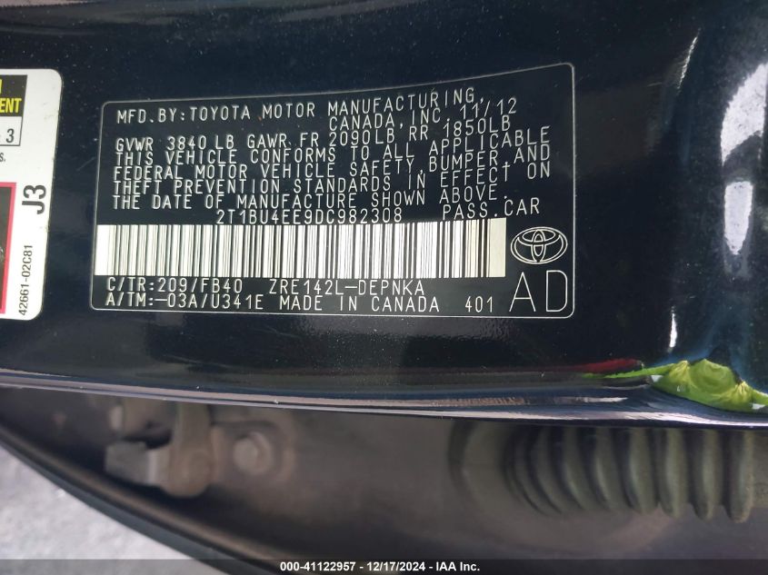 VIN 2T1BU4EE9DC982308 2013 Toyota Corolla, LE no.9