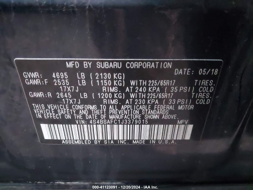 VIN 4S4BSAFC1J3379015 2018 SUBARU OUTBACK no.9