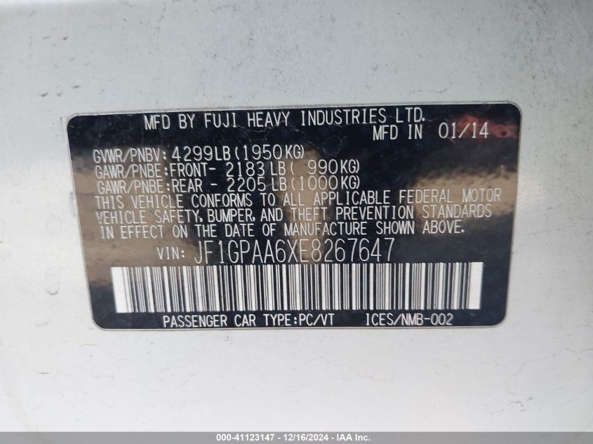 VIN JF1GPAA6XE8267647 2014 SUBARU IMPREZA no.9