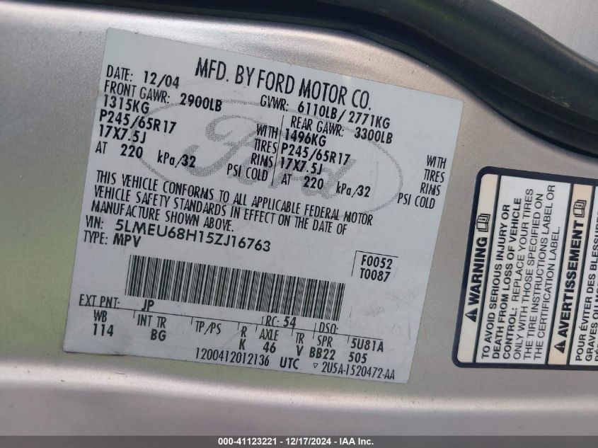 2005 Lincoln Aviator VIN: 5LMEU68H15ZJ16763 Lot: 41123221