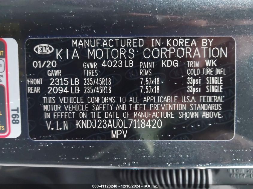 VIN KNDJ23AU0L7118420 2020 KIA SOUL no.9